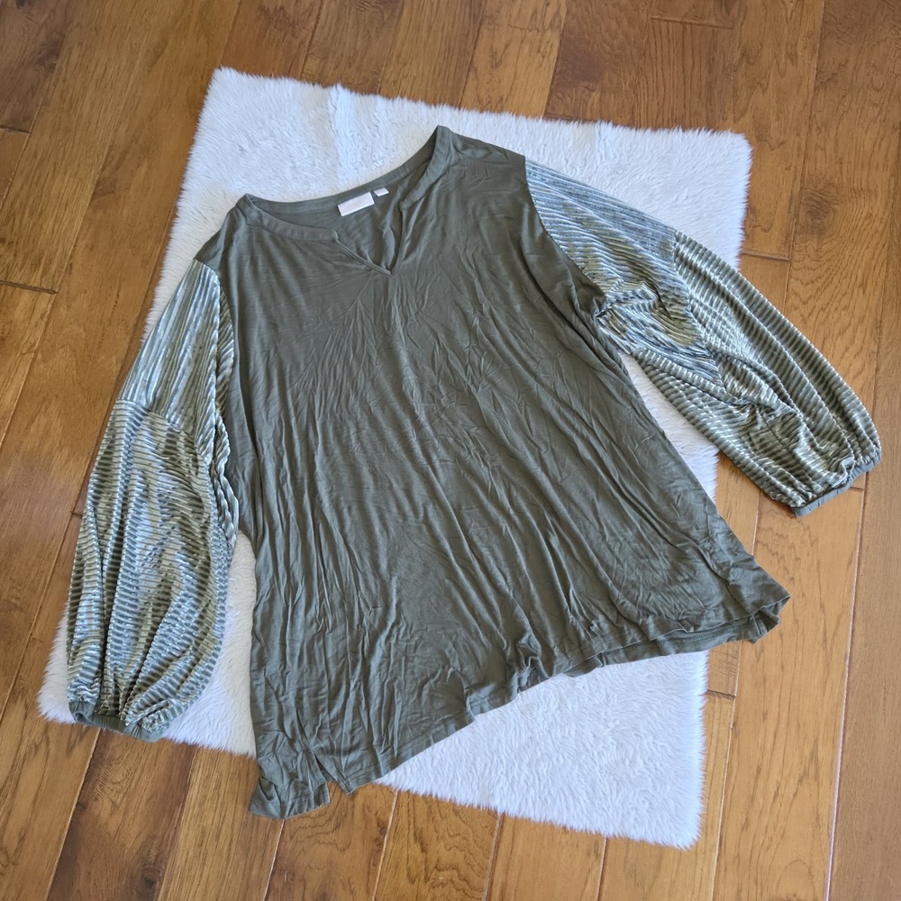 Belle Kim Gravel Blouse Shirt Women's Plus 5X Velvet Puff Sleeves Olive Green